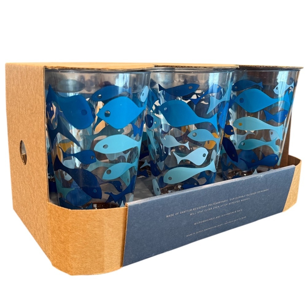 Pottery Barn Fish School Drinkware 6 Tumbler cups NWT New